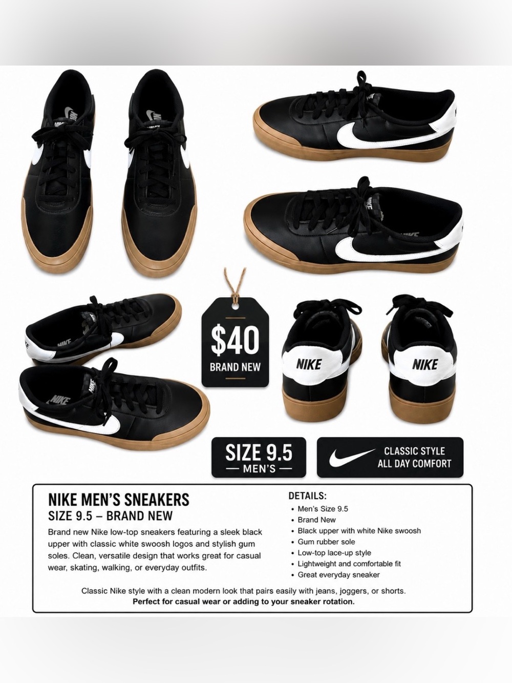 Brand New Nike Court Shot Black/White swish Gum Bottom Sneakers Size 9.5